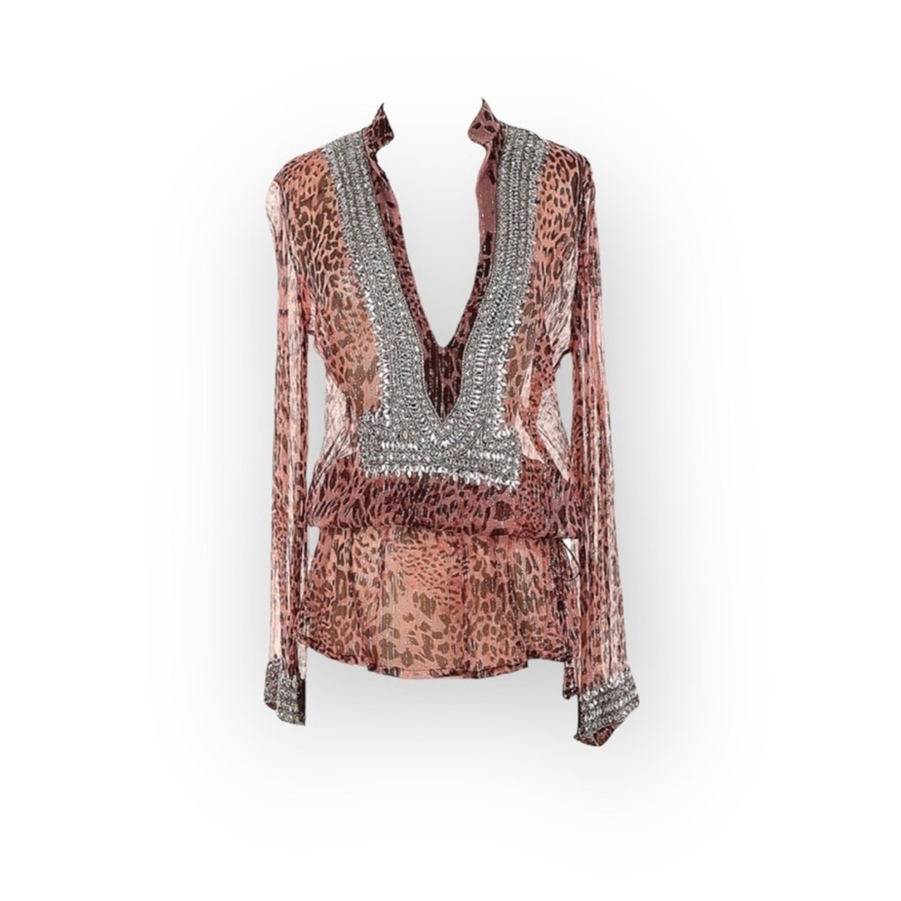 new Monique Leshman ♔ Animal Print Crystal Lurex Thread Silk Tunic ♔ Brown ♔ S